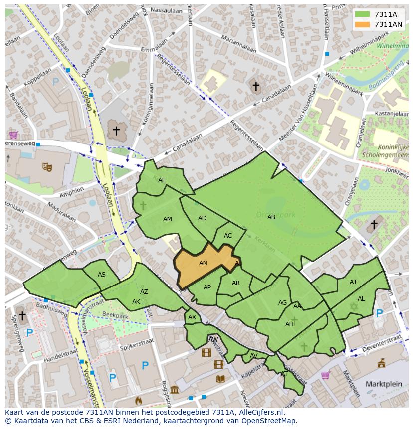 Afbeelding van het postcodegebied 7311 AN op de kaart.