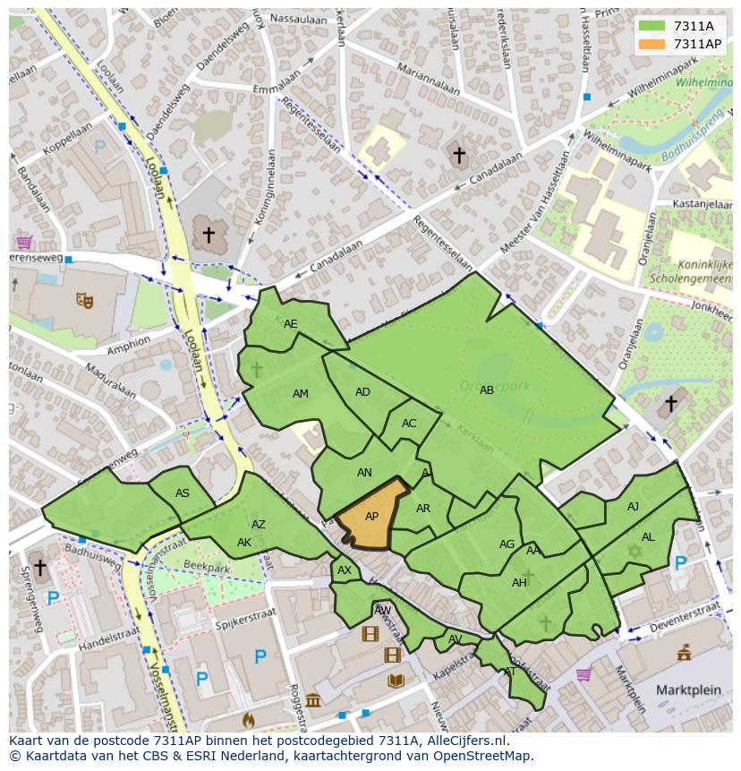 Afbeelding van het postcodegebied 7311 AP op de kaart.