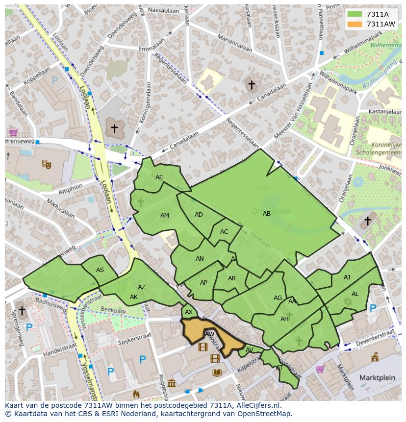 Afbeelding van het postcodegebied 7311 AW op de kaart.