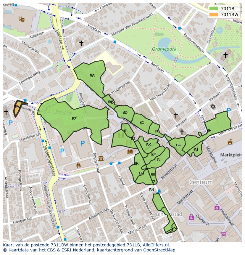 Afbeelding van het postcodegebied 7311 BW op de kaart.