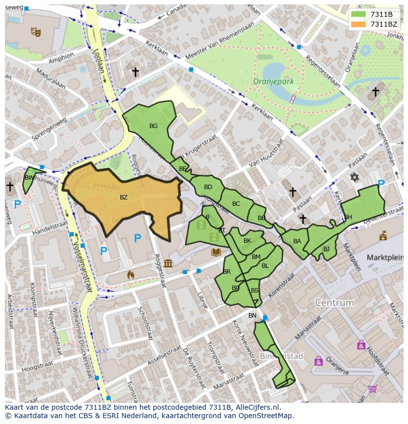 Afbeelding van het postcodegebied 7311 BZ op de kaart.