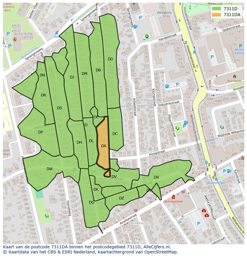 Afbeelding van het postcodegebied 7311 DA op de kaart.