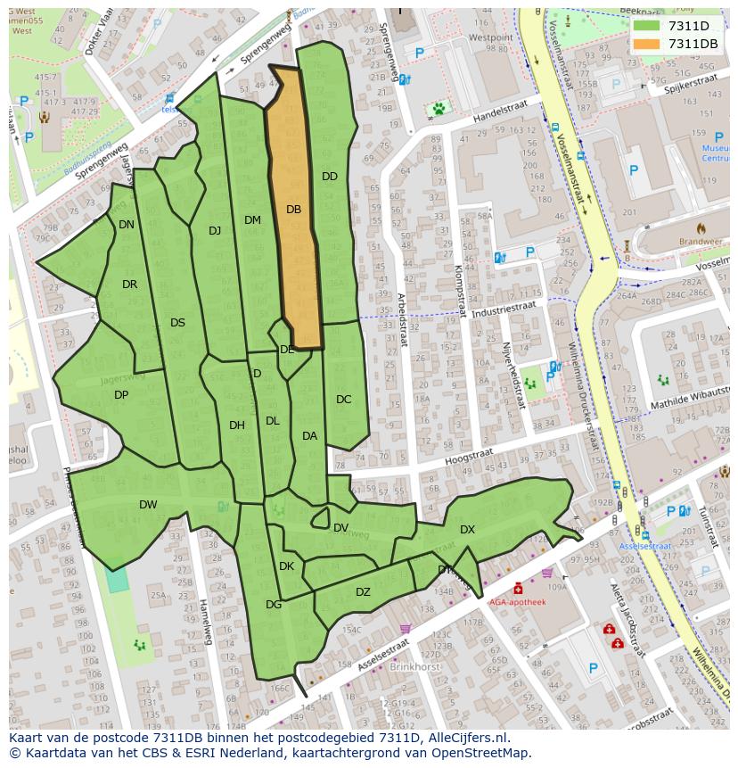 Afbeelding van het postcodegebied 7311 DB op de kaart.