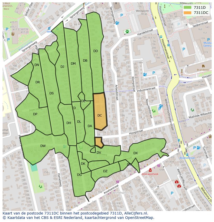 Afbeelding van het postcodegebied 7311 DC op de kaart.