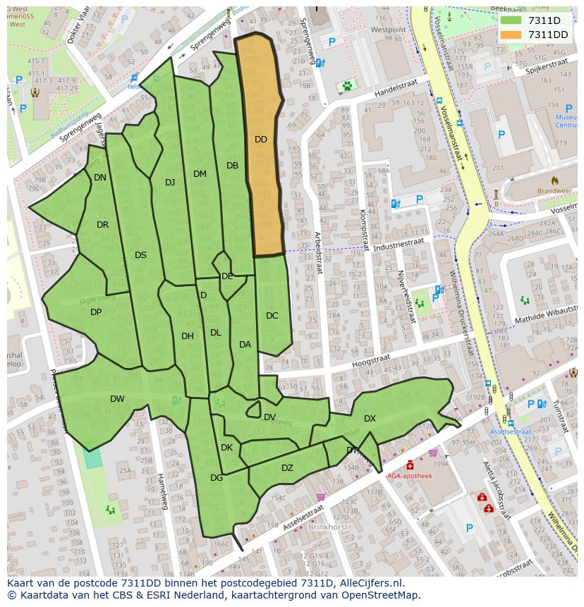 Afbeelding van het postcodegebied 7311 DD op de kaart.