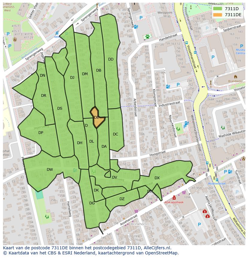 Afbeelding van het postcodegebied 7311 DE op de kaart.