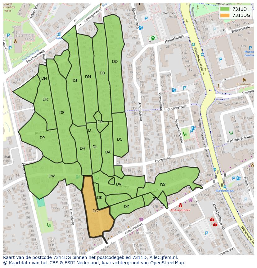 Afbeelding van het postcodegebied 7311 DG op de kaart.