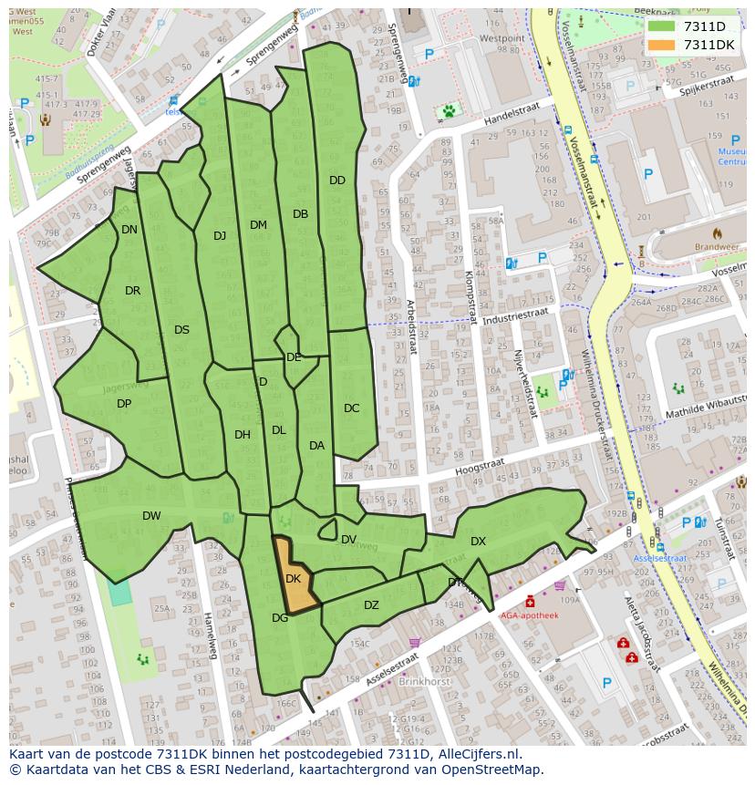 Afbeelding van het postcodegebied 7311 DK op de kaart.