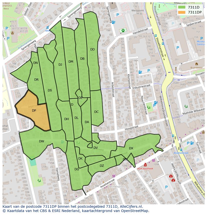 Afbeelding van het postcodegebied 7311 DP op de kaart.