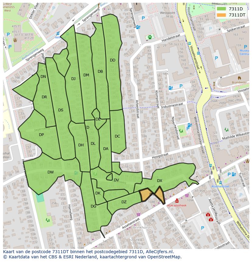 Afbeelding van het postcodegebied 7311 DT op de kaart.