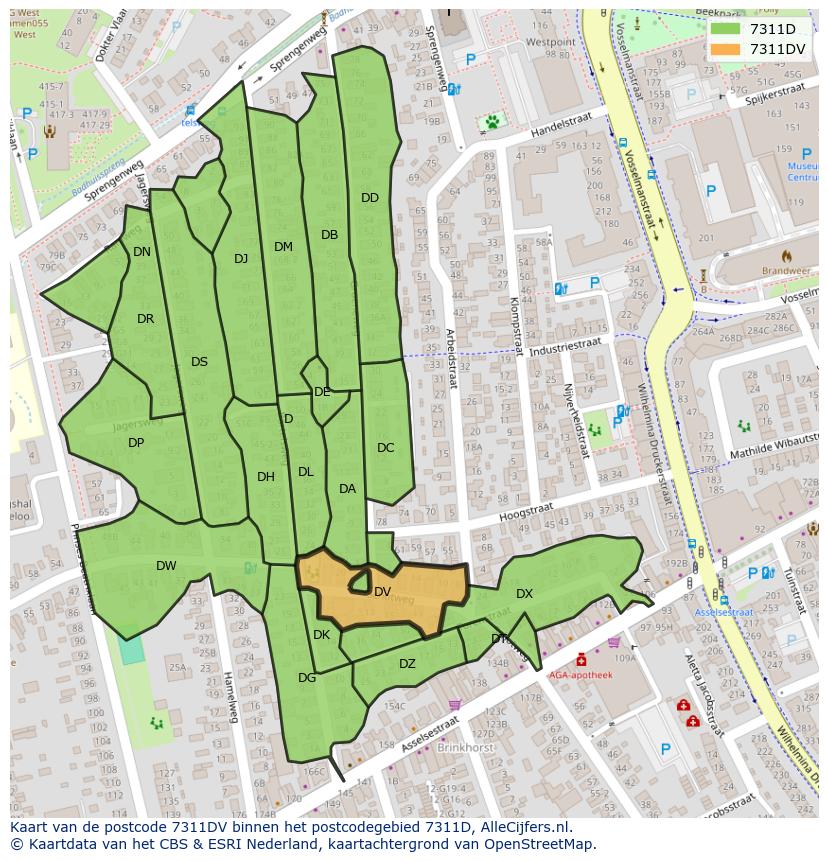 Afbeelding van het postcodegebied 7311 DV op de kaart.