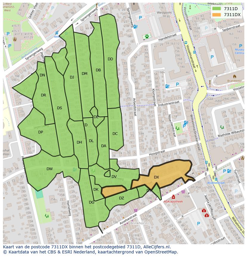Afbeelding van het postcodegebied 7311 DX op de kaart.