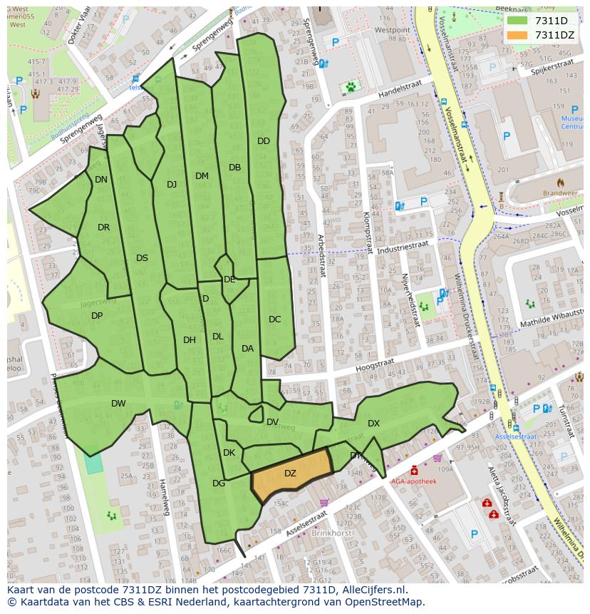 Afbeelding van het postcodegebied 7311 DZ op de kaart.