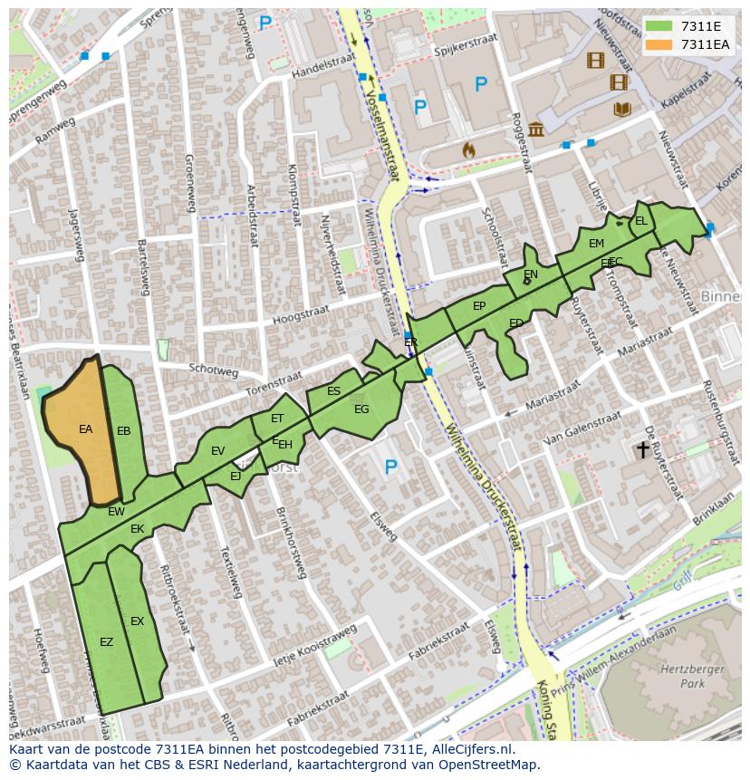 Afbeelding van het postcodegebied 7311 EA op de kaart.