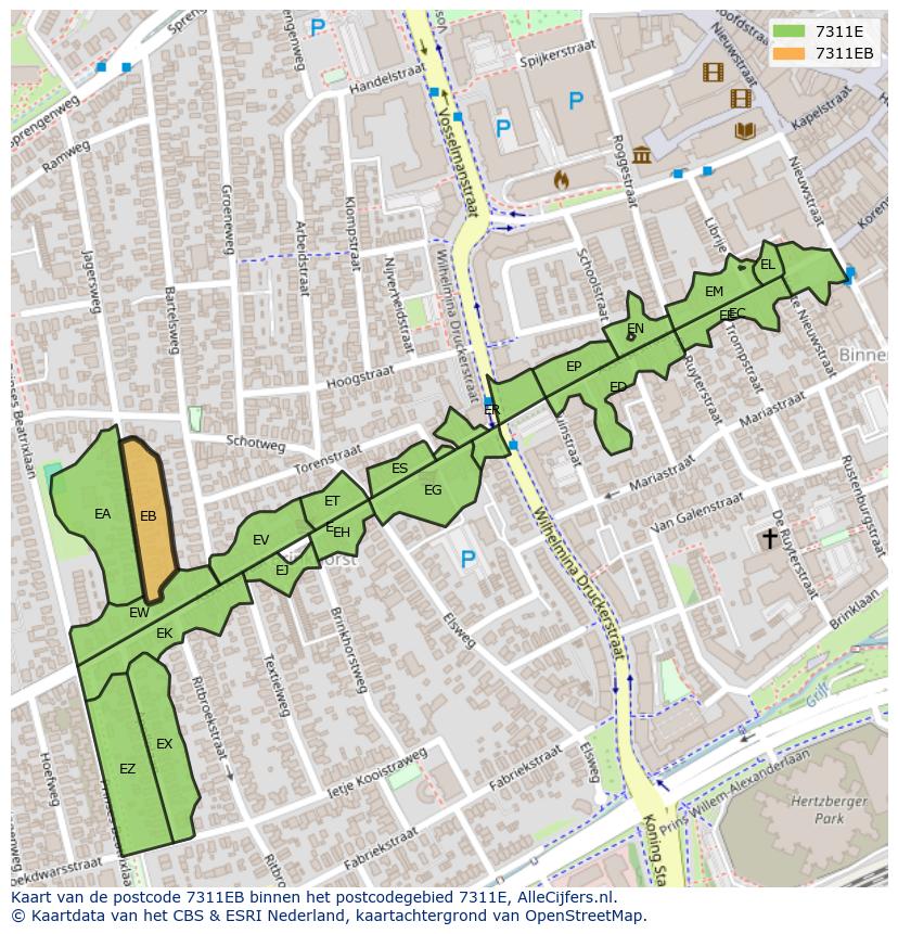 Afbeelding van het postcodegebied 7311 EB op de kaart.