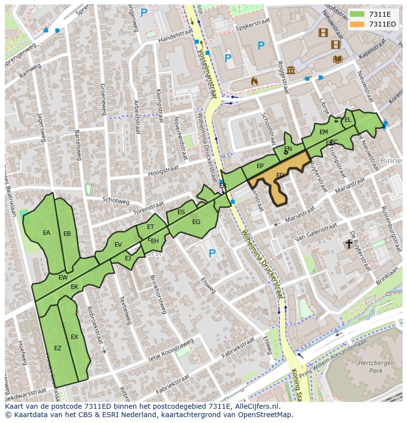 Afbeelding van het postcodegebied 7311 ED op de kaart.