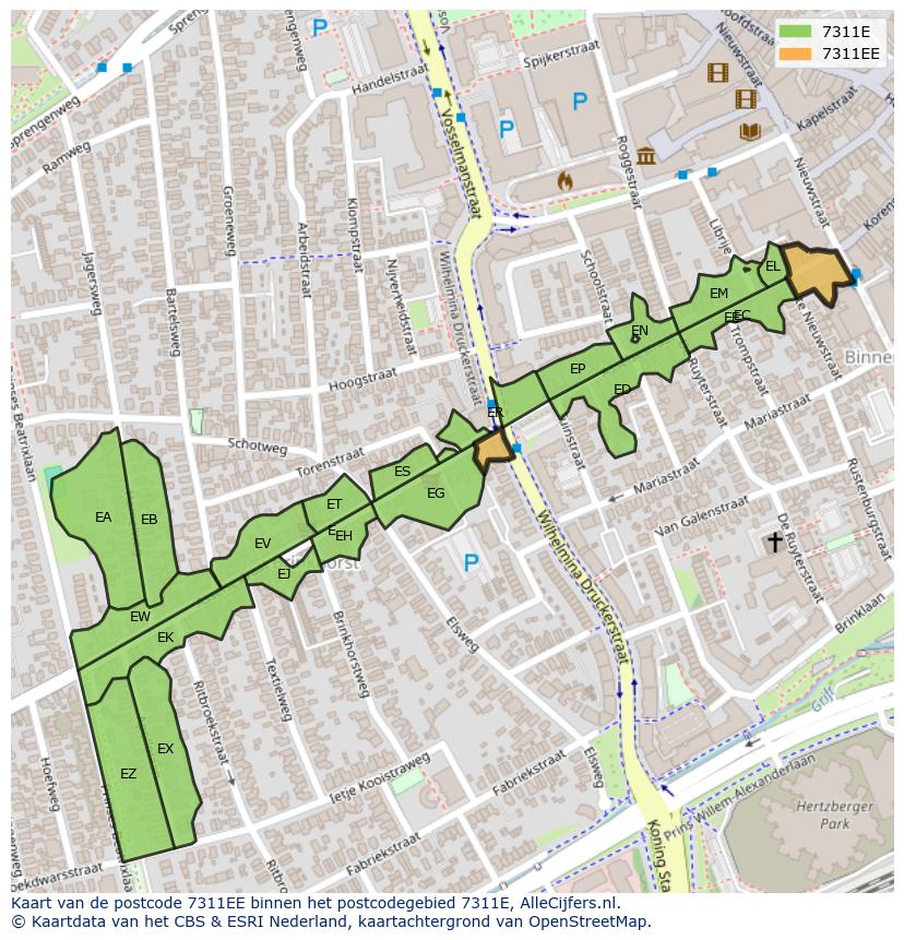 Afbeelding van het postcodegebied 7311 EE op de kaart.