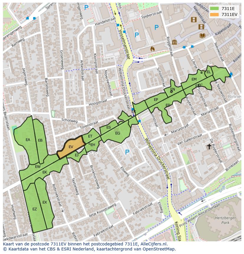 Afbeelding van het postcodegebied 7311 EV op de kaart.