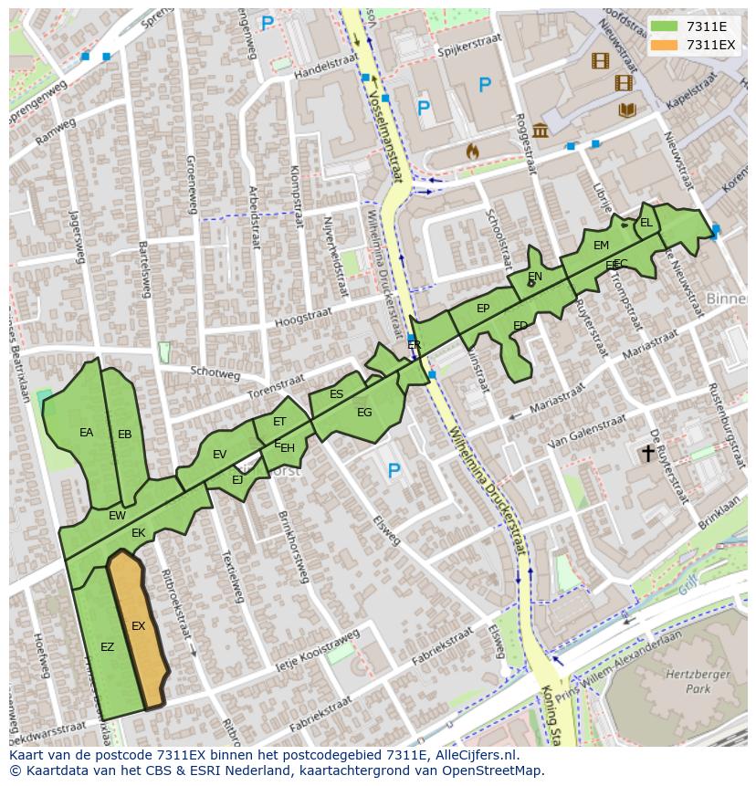 Afbeelding van het postcodegebied 7311 EX op de kaart.
