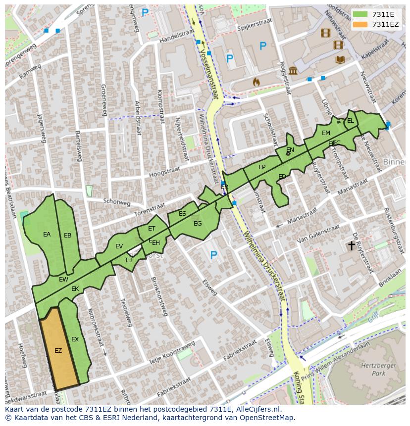 Afbeelding van het postcodegebied 7311 EZ op de kaart.