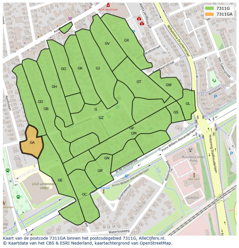 Afbeelding van het postcodegebied 7311 GA op de kaart.