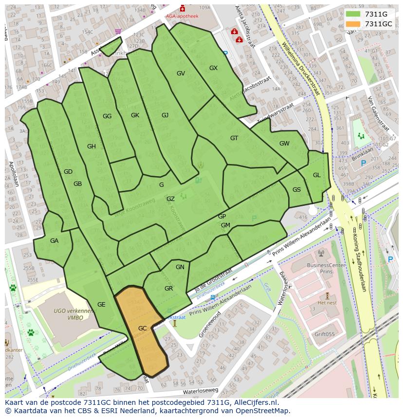 Afbeelding van het postcodegebied 7311 GC op de kaart.