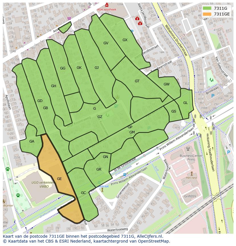 Afbeelding van het postcodegebied 7311 GE op de kaart.