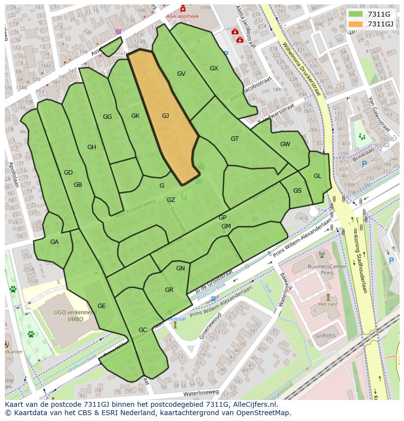 Afbeelding van het postcodegebied 7311 GJ op de kaart.
