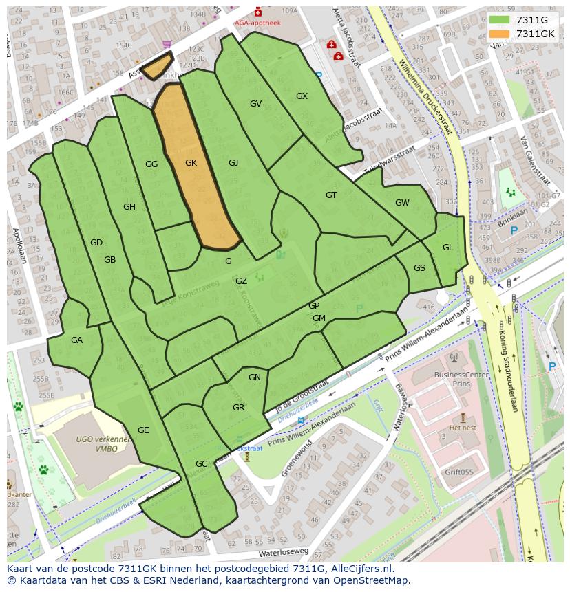 Afbeelding van het postcodegebied 7311 GK op de kaart.