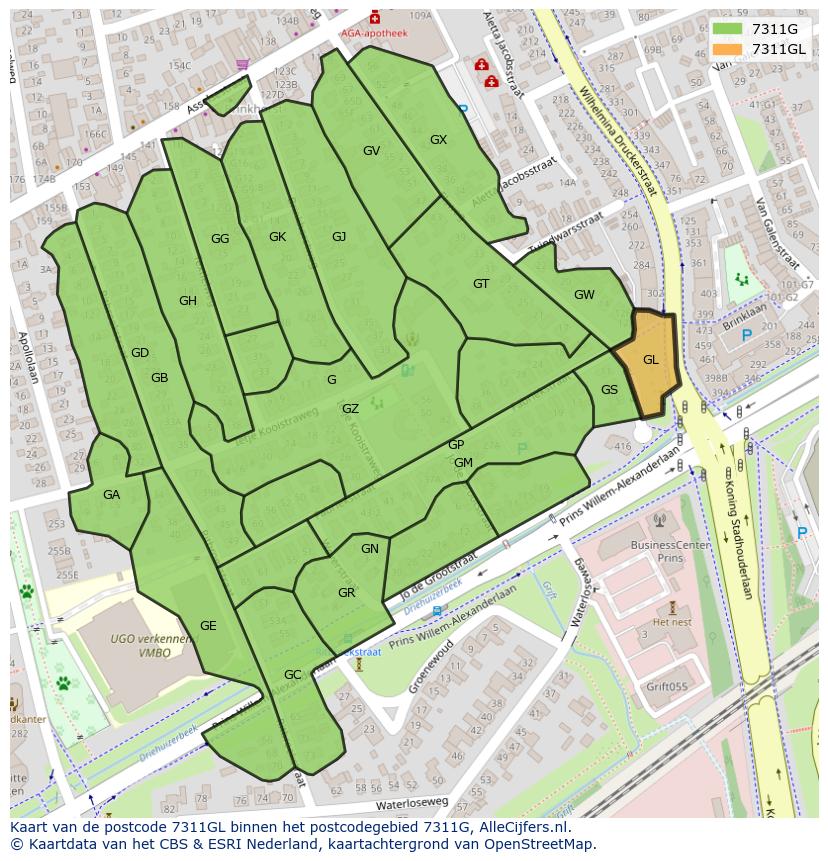 Afbeelding van het postcodegebied 7311 GL op de kaart.