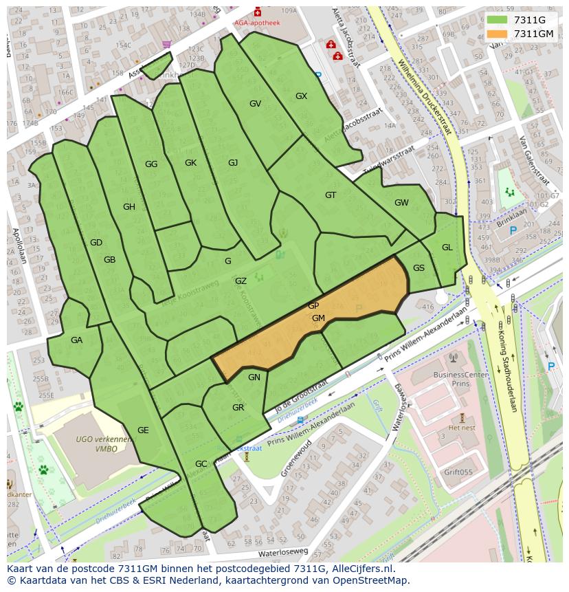 Afbeelding van het postcodegebied 7311 GM op de kaart.