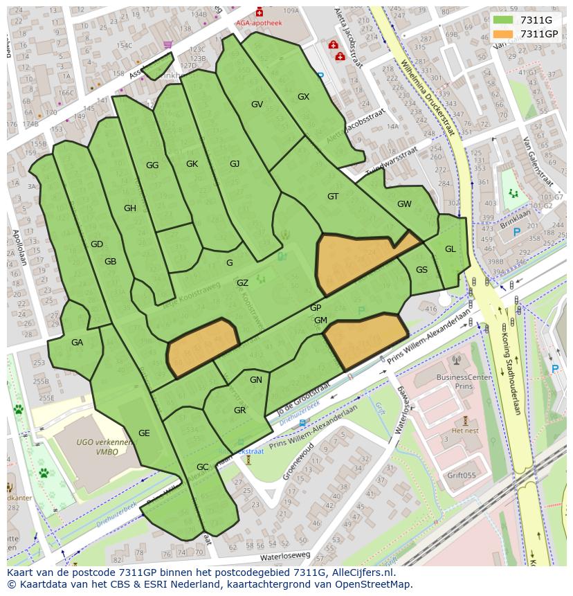 Afbeelding van het postcodegebied 7311 GP op de kaart.