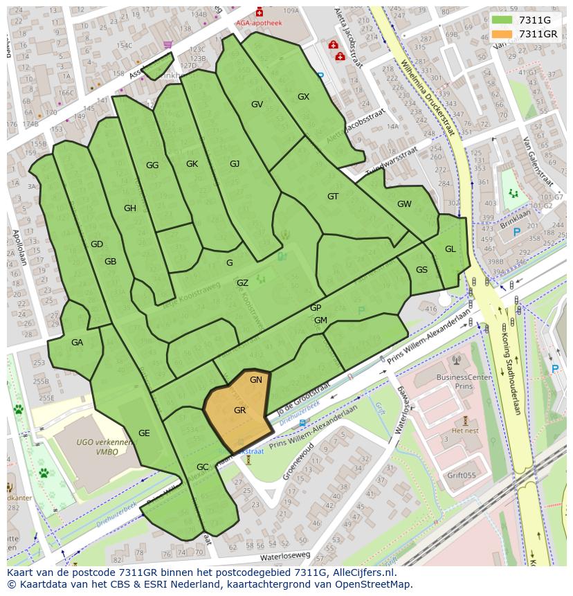 Afbeelding van het postcodegebied 7311 GR op de kaart.
