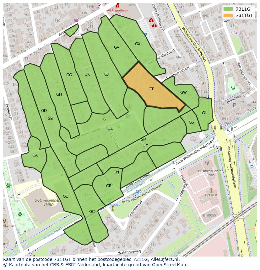 Afbeelding van het postcodegebied 7311 GT op de kaart.
