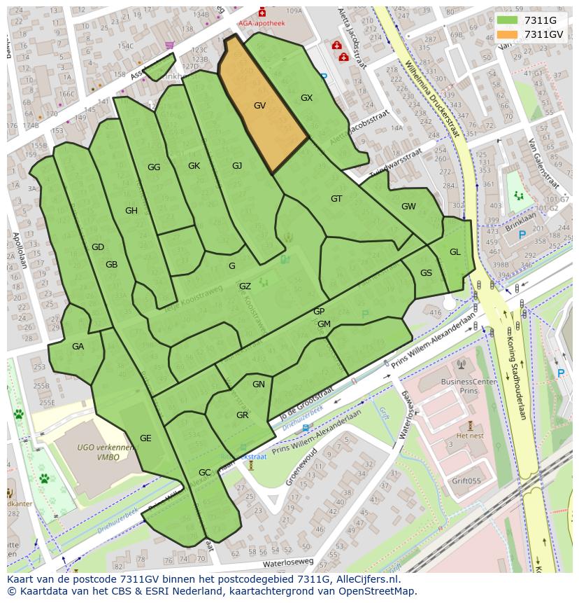 Afbeelding van het postcodegebied 7311 GV op de kaart.