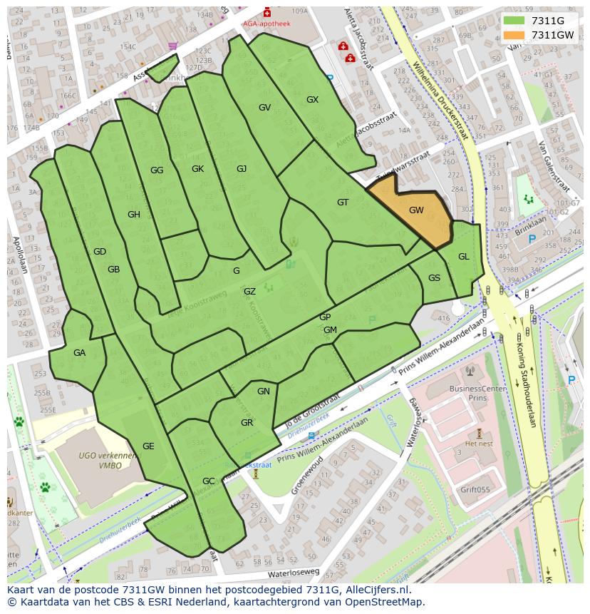 Afbeelding van het postcodegebied 7311 GW op de kaart.