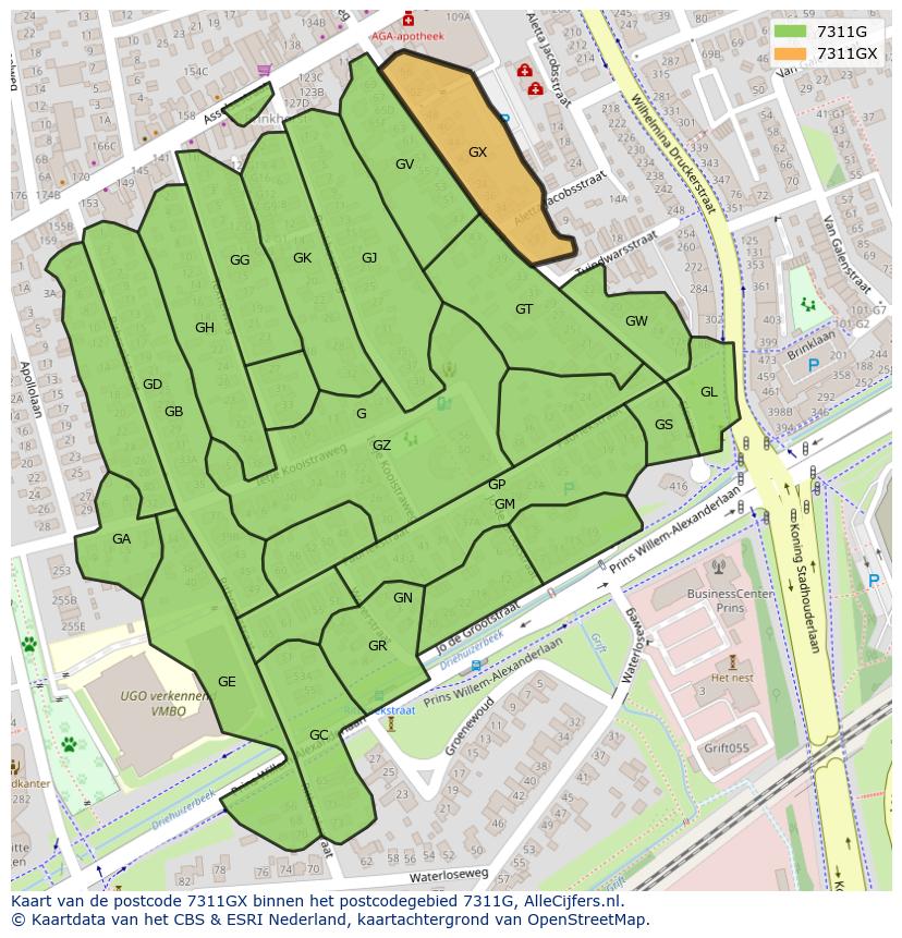 Afbeelding van het postcodegebied 7311 GX op de kaart.