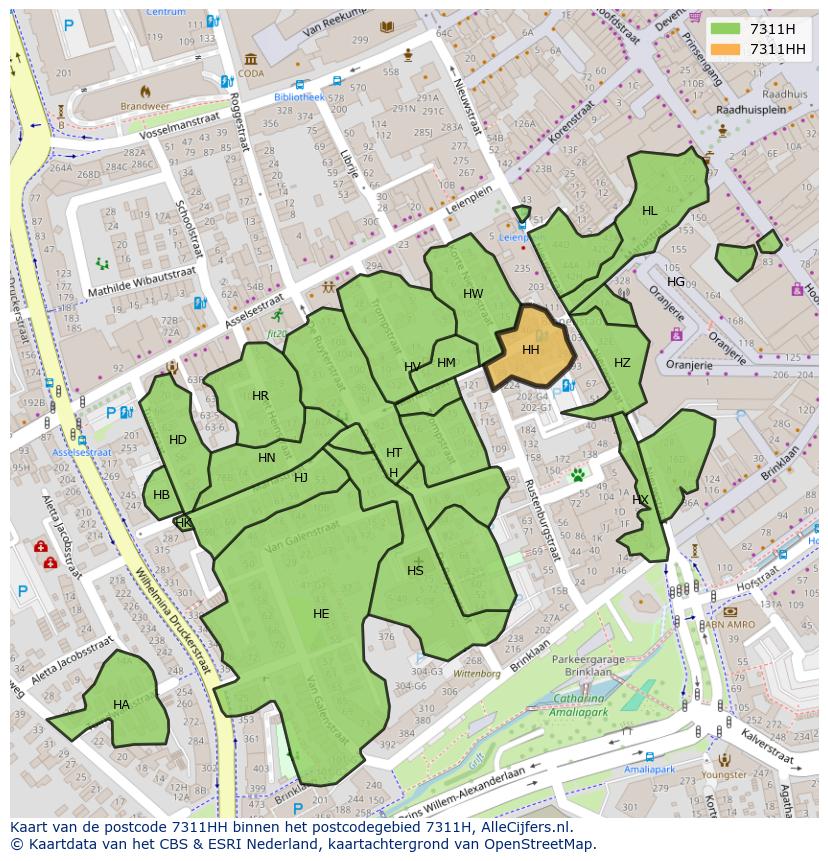 Afbeelding van het postcodegebied 7311 HH op de kaart.