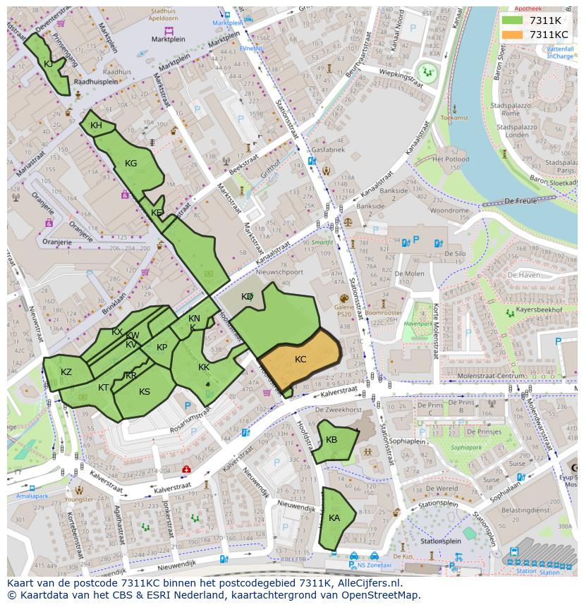 Afbeelding van het postcodegebied 7311 KC op de kaart.