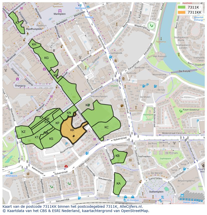 Afbeelding van het postcodegebied 7311 KK op de kaart.