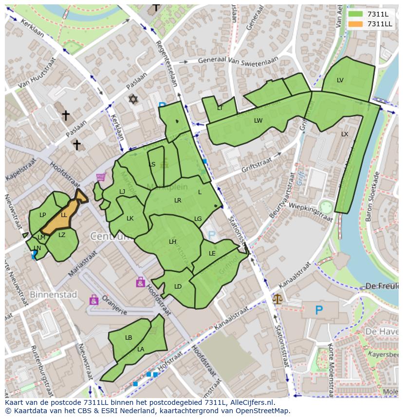 Afbeelding van het postcodegebied 7311 LL op de kaart.