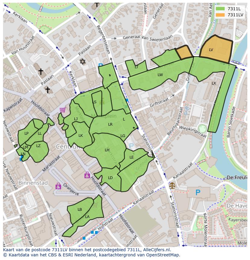 Afbeelding van het postcodegebied 7311 LV op de kaart.