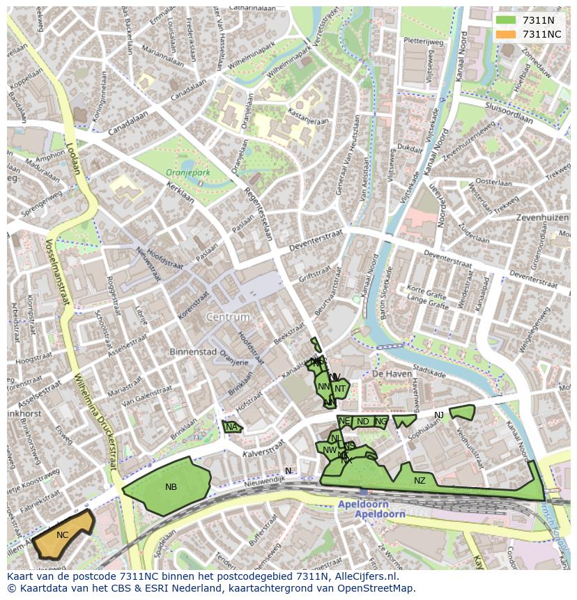 Afbeelding van het postcodegebied 7311 NC op de kaart.