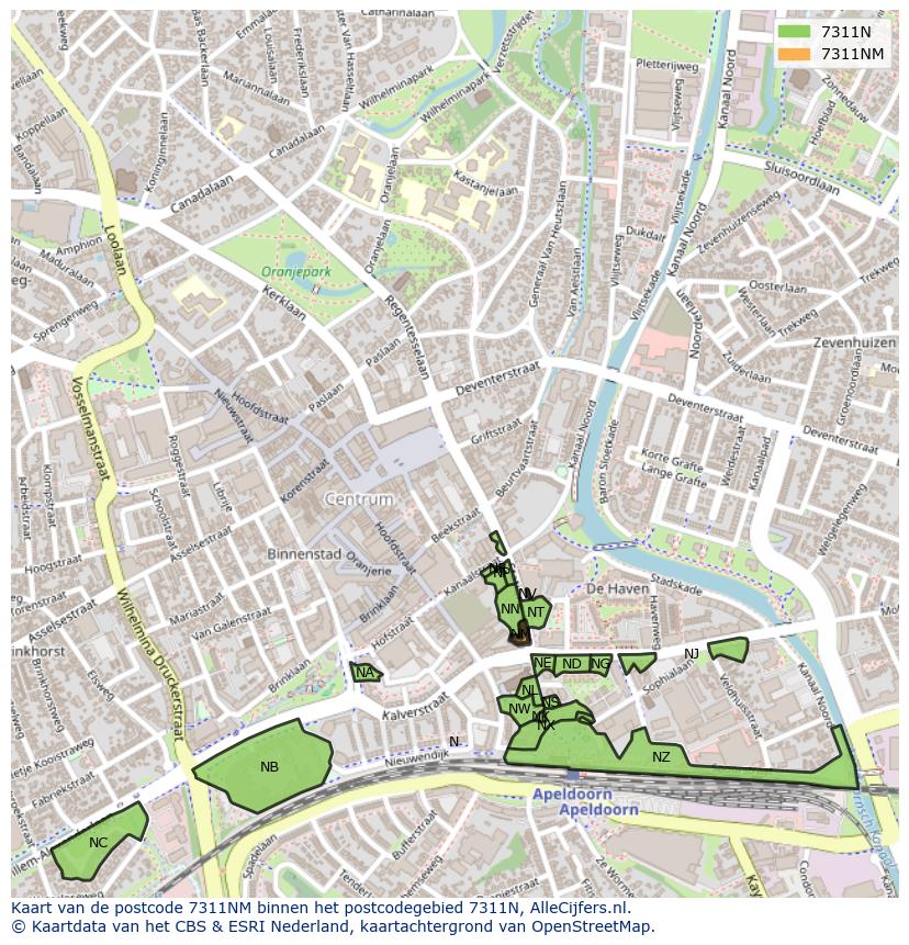 Afbeelding van het postcodegebied 7311 NM op de kaart.
