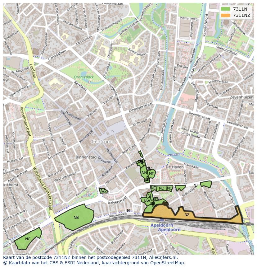 Afbeelding van het postcodegebied 7311 NZ op de kaart.