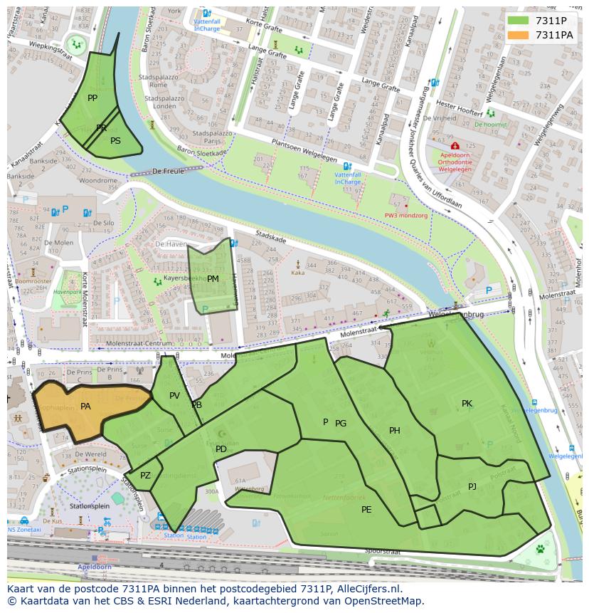Afbeelding van het postcodegebied 7311 PA op de kaart.
