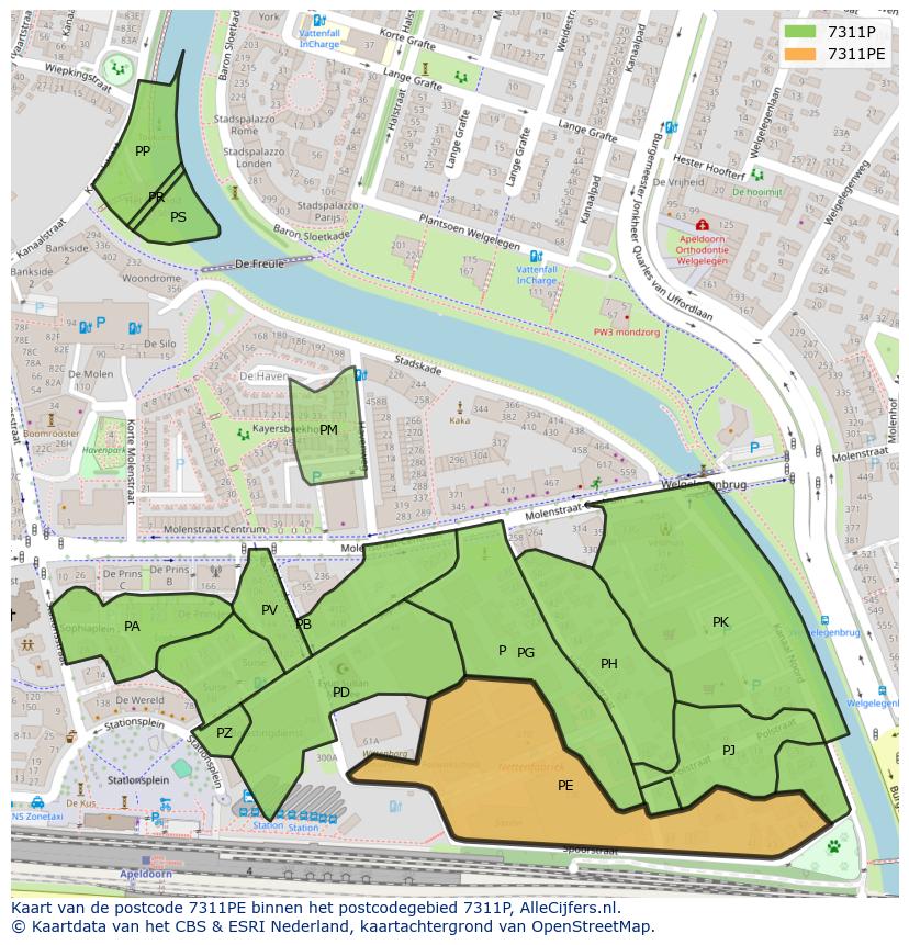 Afbeelding van het postcodegebied 7311 PE op de kaart.
