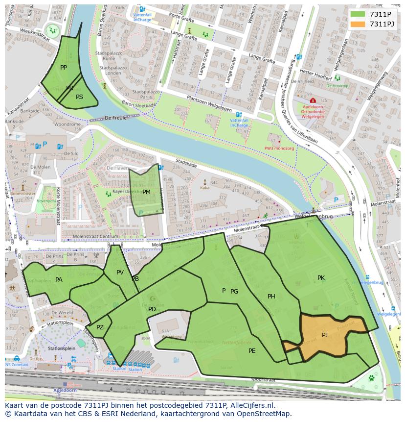 Afbeelding van het postcodegebied 7311 PJ op de kaart.