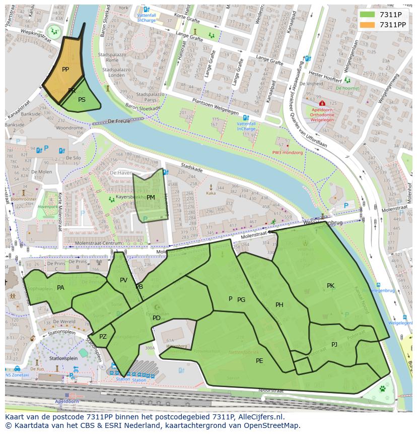 Afbeelding van het postcodegebied 7311 PP op de kaart.