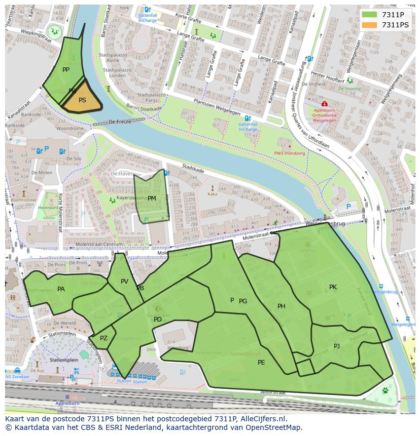 Afbeelding van het postcodegebied 7311 PS op de kaart.